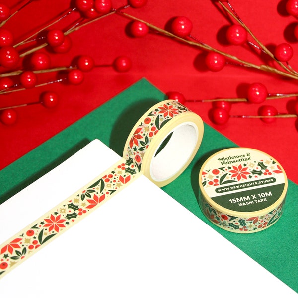 MISTLETOES & POINSETTIAS Elegant Christmas Washi Tape (15mm/10m) | Vintage Style Holiday Washi For Gift Wrap, Seasonal Christmas Stationery