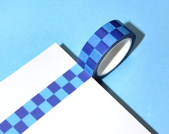 CHECKERED BLUEBERRY Checkerboard Washi Tape (15mm/10m) | Trendy Y2K Crafting Stationery Tape, Blue Checkered Planner Washi Tape, Pop Punk