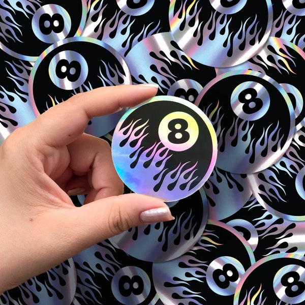 FLAMIN' 8-BALL Circle Glossy Holographic Vinyl Sticker | Retro Gamer 80's, 90's, Y2K Magic 8-Ball Sticker, Y2K Sticker, Flame 80’s Sticker