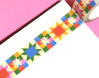 STARRY KEEPSAKE Washi Tape | Rainbow Vintage Quilt Star Pattern, Quilt Washi Tape, Retro Art Tape, Checkered Tape, Whimsy Cottagecore Tape