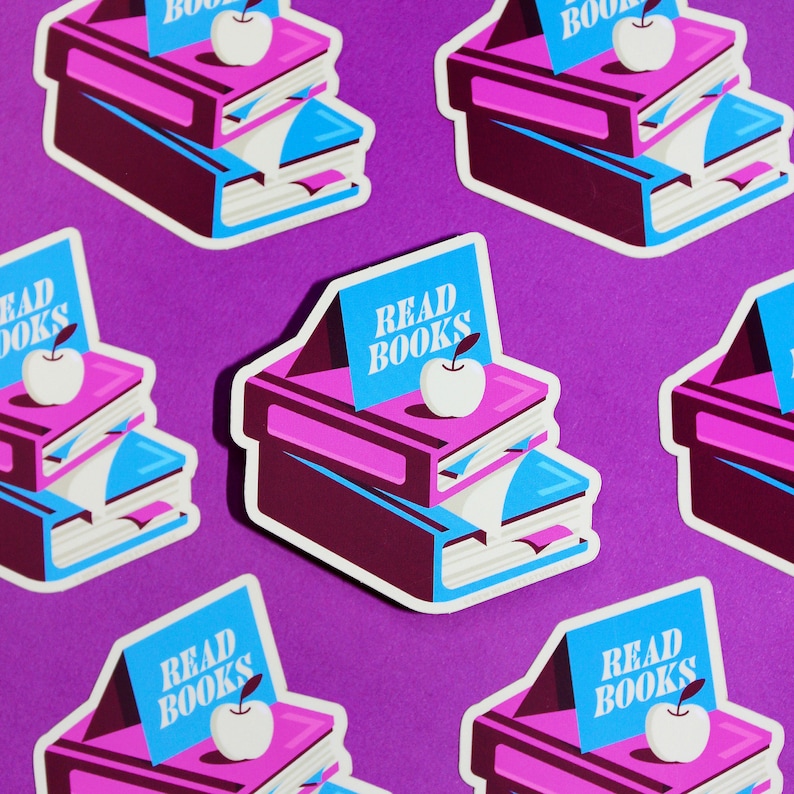May include: Six colorful stickers with a stack of books, an apple, and the text "READ BOOKS" on a purple background. The stickers are perfect for decorating laptops, water bottles, or journals.