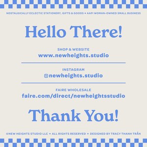 May include: A light beige graphic with blue text and a blue checkered border. The text reads "Hello There!" and "Thank You!" with website and social media information. The image promotes stationery, gifts, and goods.