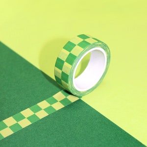 CHECKERED LIME Trendy Y2K Aesthetic Green Checkerboard Washi Tape (15mm/10m) | Checker Washi, Funky Tape for Crafting, Y2K Crafting Supplies