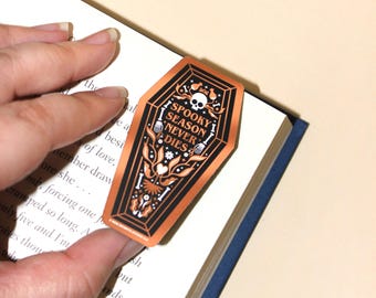 Spooky Season Never Dies Magnetic Bookmark | Spooky Bookmark, Horror Book Lover, Coffin Page Flag Marker, Halloween Bookmark, Bookish Gift