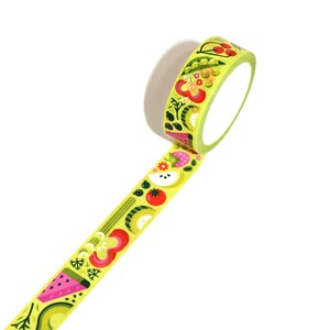 May include: A roll of yellow washi tape with a colorful fruit and vegetable design. The tape features illustrations of watermelon, avocado, apples, tomatoes, and peas.