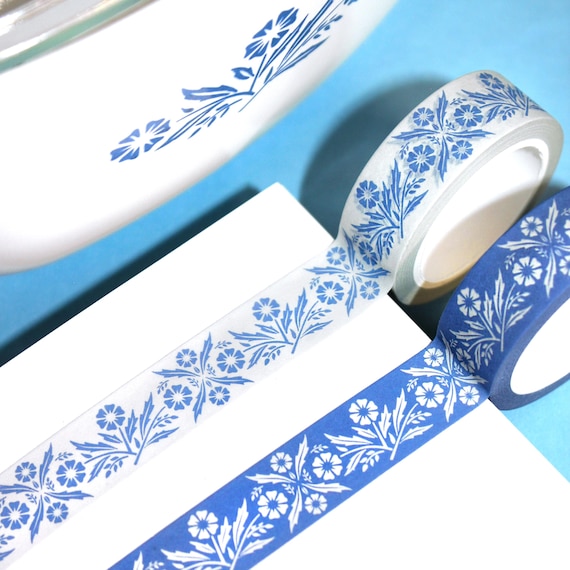 BLUE CORNFLOWERS Corning Corelle Inspired Washi Tape | 70's Retro Vintage Floral Stationery Tape, Cute Spring Craft Tape, Pyrex Inspired