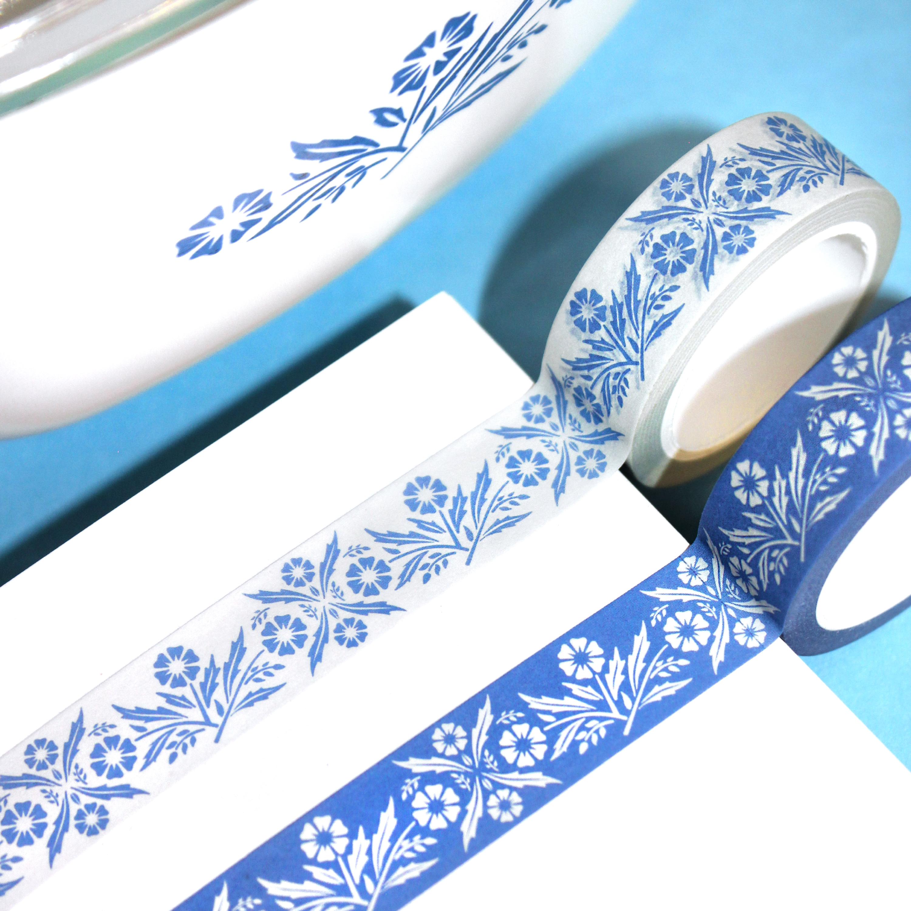 BLUE CORNFLOWERS Corning Corelle Inspired Washi Tape | 70's Retro Vintage Floral Stationery Tape, Cute Spring Craft Tape, Pyrex Inspired