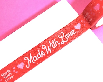 MADE WITH LOVE Glitter Washi Tape (15mm/5m) | Cute Heart Valentine's Day Masking Tape, Small Business Washi, Handmade Business Tape