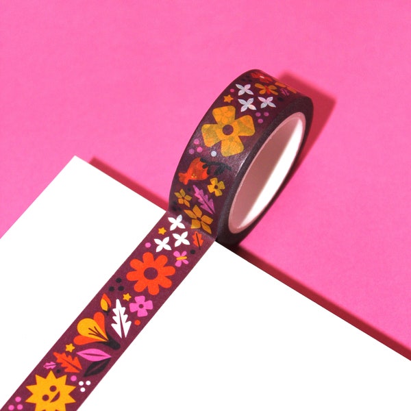 SUPER BLOOM Cute Retro Style Floral Washi Tape (15mm/10m) | California Wildflowers Crafting Tape, Plant Washi, Cute Botanical Washi Tape