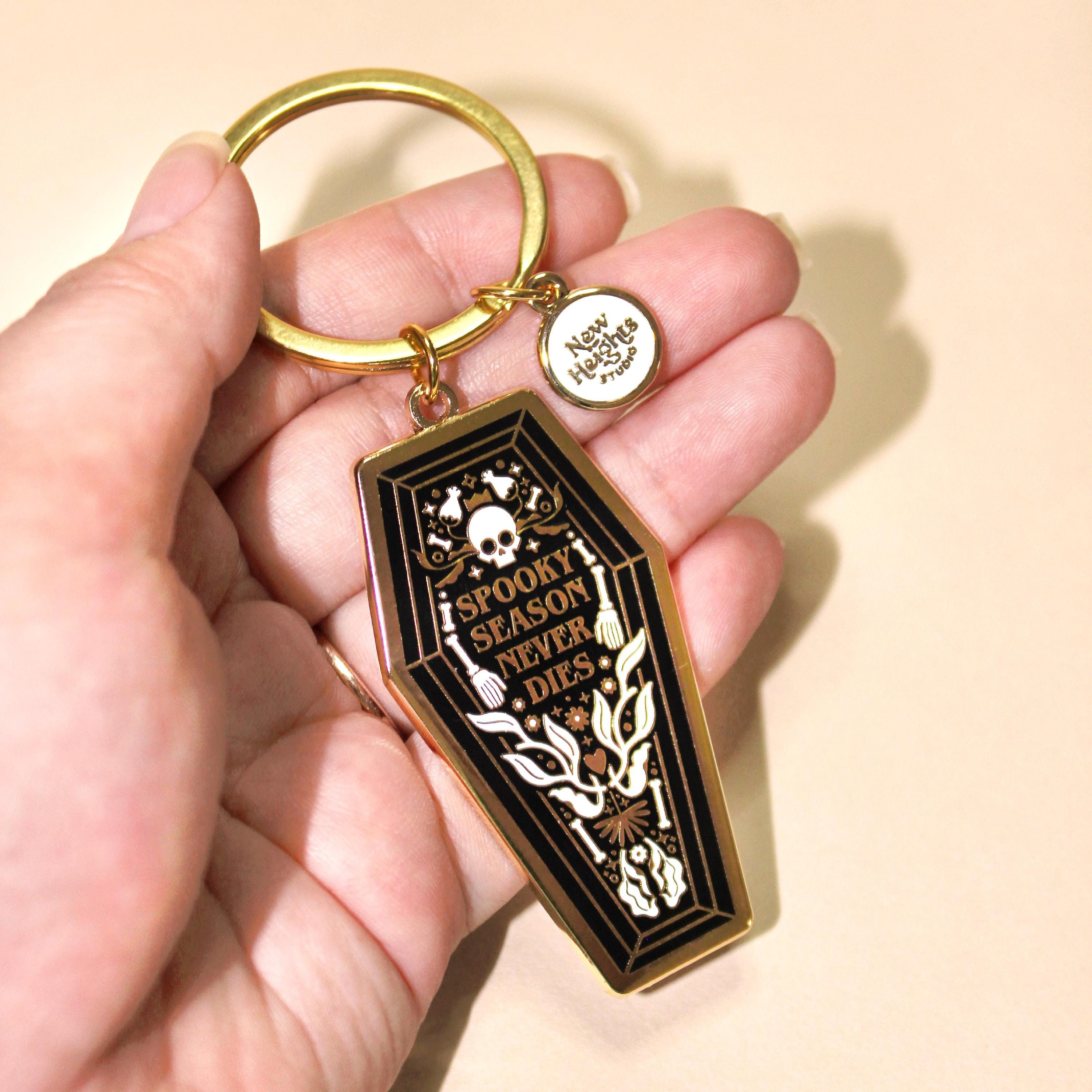 Spooky Season Never Dies Hard Enamel Keychain Charm | Skeleton Coffin Keychain, Gothic Punk Charm, Halloween Accessory & Decor, Spooky Gift