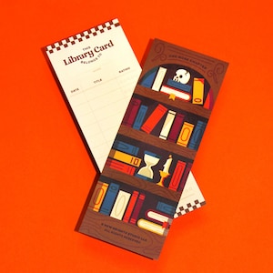 May include: A set of two bookmark cards with a library card theme. The first card is a blank library card with the text "This Library Card Belongs To" and spaces to fill in the name, title, date, and rating. The second card features a bookshelf with books, a skull, an hourglass, and a candle. The text "One More Chapter" is at the top of the card.