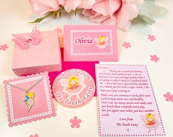 Tooth Fairy Keepsake, Personalised Tooth Fairy Letter with Necklace and gift box. Ideal for loss of first tooth.