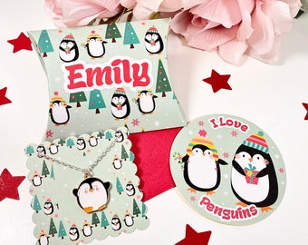 Penguin Necklace with gift box & sticker, penguin gift, Christmas Gift Box, Secret Santa Gift, party bag gift, Christmas Eve Box Gift