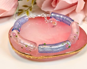 Lampwork glass and bangle style bracelet, Memory wire bracelet, pink and blue lampwork glass beads, Gift Box