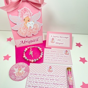 Kit personalizado del Hada de los Dientes con carta, pulsera, polvos mágicos, bolsa de regalo y pegatina. Ideal para la pérdida del primer diente.