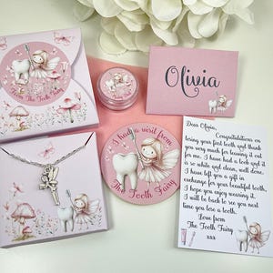 Recuerdo del Hada de los Dientes, carta personalizada del Hada de los Dientes con collar, polvo de hadas, pegatina del Hada de los Dientes y caja de regalo, pérdida del primer diente.