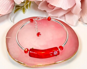 Lampwork glass and crystal bangle style bracelet, Memory wire bracelet, red lampwork glass bead, Gift Box