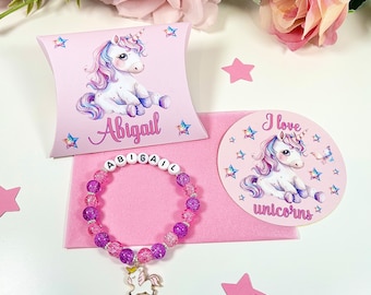 Personalised unicorn bracelet, unicorn gift box, personalised child’s bracelet, unicorn sticker, unicorn party bag filler, unicorn party