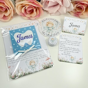May include: A Tooth Fairy set with a blue pouch displaying a tooth and the name "James", a round trinket, a card, and a letter. The set includes a small container and is decorated with fairy illustrations and floral accents.