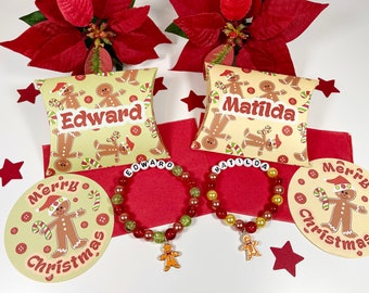 Personalised Gingerbread Bracelet with gift box & sticker, stocking filler, secret Santa, Christmas Eve Box, Child’s beaded bracelet