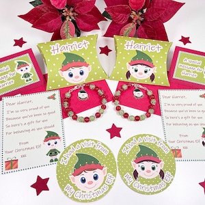 Carta de elfo de Navidad personalizada, pulsera de elfo, caja de regalo de elfo, pegatinas de elfo, caja de Nochebuena, pulsera para niños, accesorios de elfo