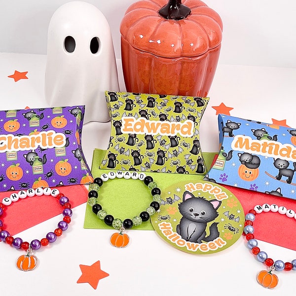 Halloween party gift, Trick or treat box, Halloween Bracelet with Halloween gift box and sticker, pumpkin bracelet, child’s beaded bracelet