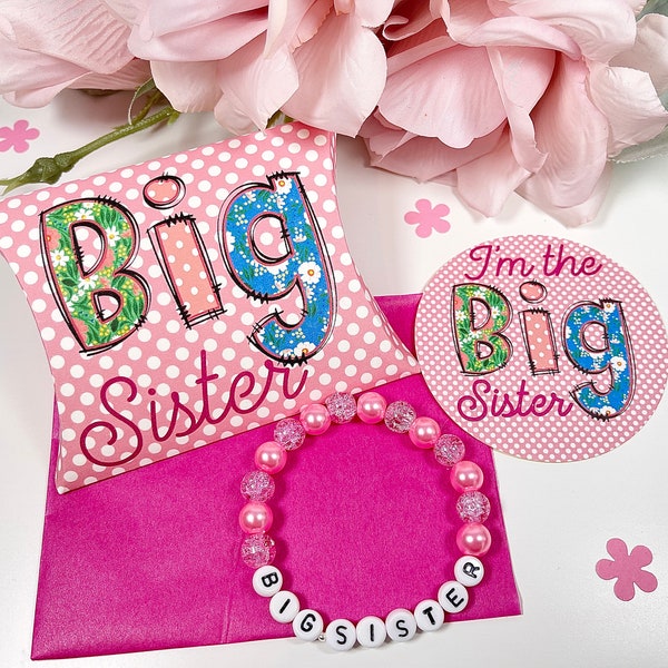 Grote zus armband met geschenkdoos en sticker, grote zus cadeau, grote zus doos, meisjes kralenarmband