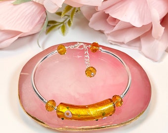 Lampwork glass and crystal bangle style bracelet, Memory wire bracelet, gold lampwork glass bead, Gift Box