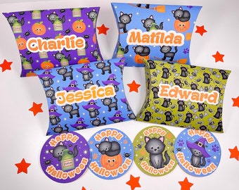 Caja de regalo de Halloween personalizada con pegatina, regalo de fiesta de Halloween, regalo de truco o trato, cualquier nombre, pegatina de Halloween, linda caja de Halloween