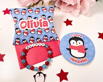 Penguin Bracelet with gift box & sticker, party bag filler, party favour, penguin gift, Girls beaded bracelet, Child’s beaded bracelet gift