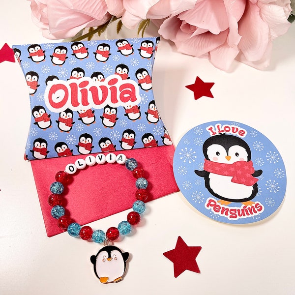 Penguin Bracelet with gift box & sticker, party bag filler, party favour, penguin gift, Girls beaded bracelet, Child’s beaded bracelet gift