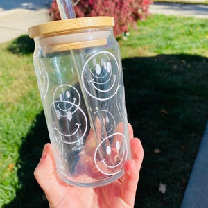 Smiley face can shaped glass | beer can glass | smiley face glass | 16oz | customizable | beer can glass with bamboo lid and glass straw