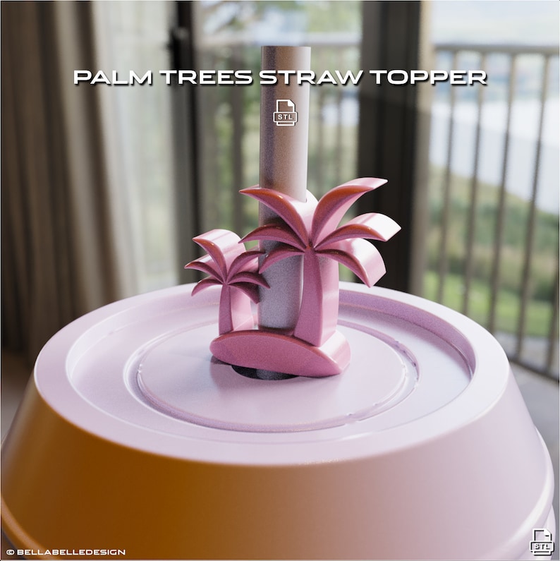May include: Pink 3D printed palm tree straw topper. The topper is designed to fit on a straw and features two palm trees.
