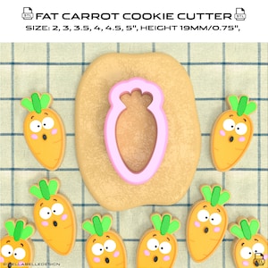 May include: A pink plastic cookie cutter shaped like a fat carrot with a green top. The cutter is on a brown surface with several orange and yellow cookies shaped like carrots with faces. The text "FAT CARROT COOKIE CUTTER" and "SIZE: 2, 3, 3.5, 4, 4.5, 5", HEIGHT 19MM/0.75" is at the top of the image.