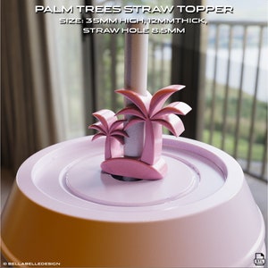 May include: Pink palm tree straw topper for a cup. The topper is 35mm high, 12mm thick, and has an 8.5mm straw hole.  The topper is printed in a light pink color and features two palm trees.