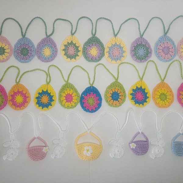 Handmade Easter Bunting Made From 100% Cotton Yarn. Crocheted Eggs, Bunnies and Easter Basket Decorations. Easter Garland