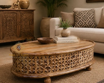 Wood Oval Coffee Table Carved Wooden Rustic Farmhouse Cocktail Accent Furniture Living Room Decor