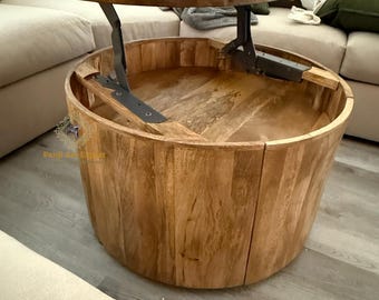 Handmade Round Wooden Lift Top Coffee Table: Hidden Storage