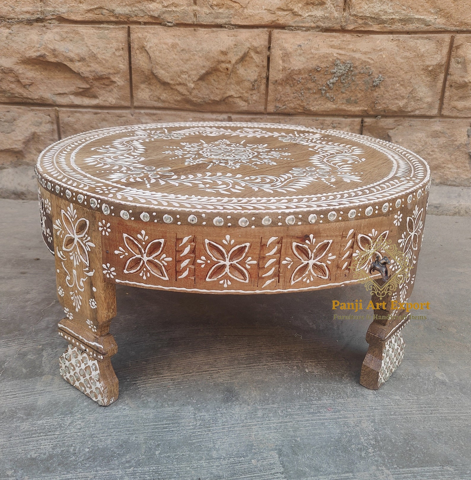 Handmade Carved Wood Chakki Table: Indian Bohemian Decor (15x15x7 In ...