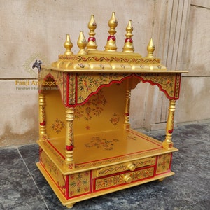 Wooden Temple Mandir, Gold Likayi, Handcrafted Hindu Pooja Ghar Mandap, For Worship Gold Hand Painted, Home, office, and Wall Decor, Art