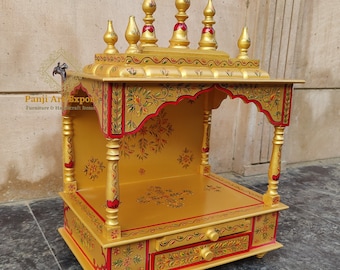Wooden Temple Mandir, Gold Likayi, Handcrafted Hindu Pooja Ghar Mandap, For Worship Gold Hand Painted, Home, office, and Wall Decor, Art