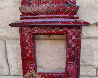 Marco de fotos Jharokha de madera tallada: arte mural indio hecho a mano