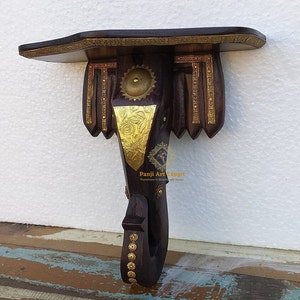 Handcrafted Wood Elephant Shelf: Carved Brass Inlay, Home Decor