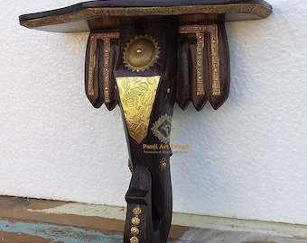 Handcrafted Wood Elephant Shelf: Carved Brass Inlay, Home Decor