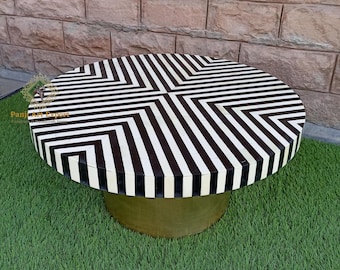 Wooden Coffee Table: Bone Inlay Stripped Design, Art Decor
