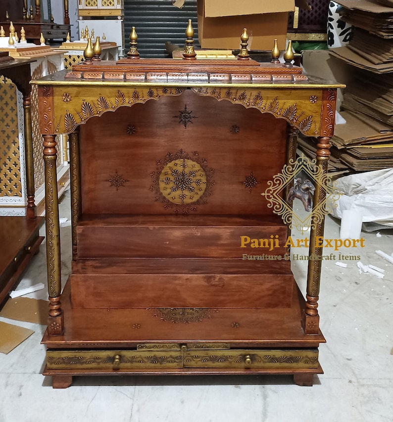 Beautiful Wooden Home Temple with handcrafted floral carving, premium solid wood finish, spacious worship platform and storage drawer designed for Lakshmi, Ganesh, Krishna, Shiva and Radha Krishna idols. Perfect for Diwali, Navratri, Janmashtami and daily worship. #HomeTemple #TempleGoals #WoodenShrine #MandirDesign #DevotionalDecor #PrayerRoom #IndianArtisans #LuxuryFurniture #FestiveDecor #EtsySeller