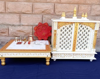 Handcrafted Wooden Temple Mandir: White & Gold Pooja Ghar