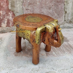 Hölzerner Elefant-Hocker-Kupfer + Gold-Elefanten-Tisch Neues Design-handgefertigtes indisches Kunsthandwerk handbemalt Wohnkultur-Sammlerstück indische Kunst