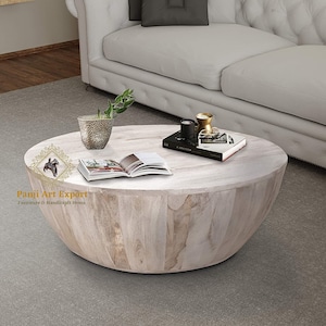 Wooden Coffee Table Cocktail Table Wood White Wash Color  Round Shape, Hand made Unique And Antique Beautifully Home Decor Table Indian Art
