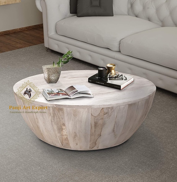 Wooden Coffee Table Cocktail Table Wood White Wash Color Round Shape Hand Made Unique and Antique Beautifully Home Decor Table Indian Art Etsy UK